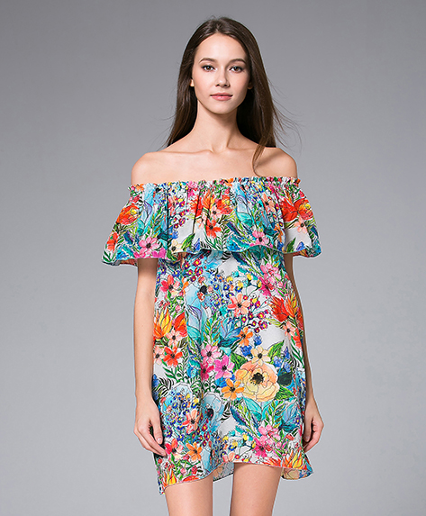 Dress - Flowers Printed silk crepe mini  dress